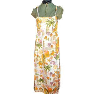 Womans' tropical boho-chic retreat beaded strap smocked maxi summer dress M-L